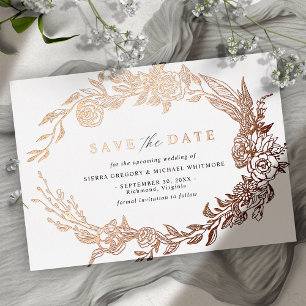 Invitación Con Relieve Metalizado Blanco y Rosa Oro   Floral Moderna Salva la Fecha