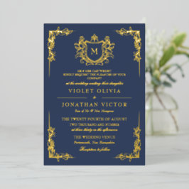 Invitación Con Relieve Metalizado Blason Monograma Vintage Dibujado a Mano en Azul y