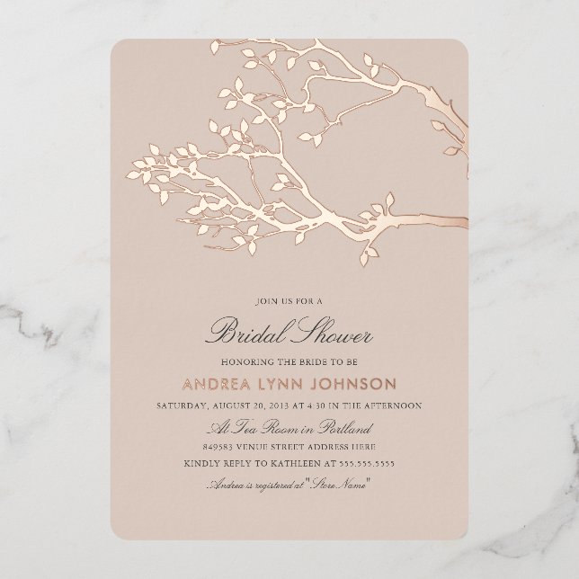 Invitación Con Relieve Metalizado Blissful Branches Bridal Shower Rosa Gold (Anverso)