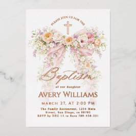 Invitación Con Relieve Metalizado Bloom Floral Bow Girl Baptism