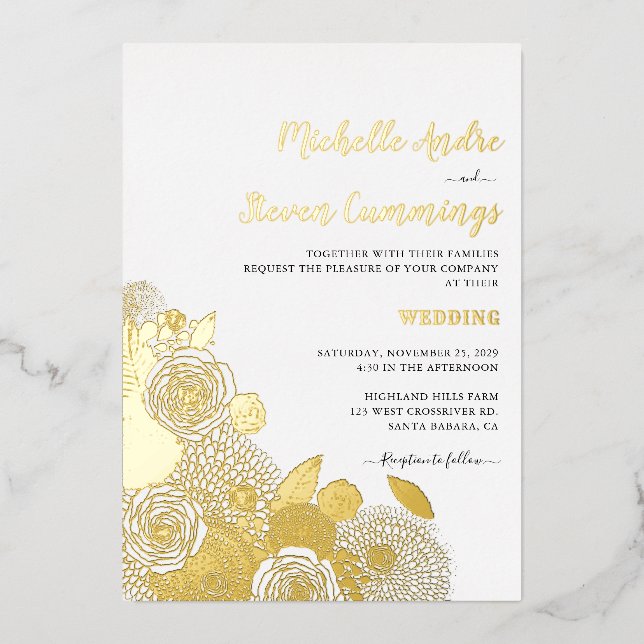 Invitación Con Relieve Metalizado Blooms De Amor ・ Elegante Boda Floral (Anverso)