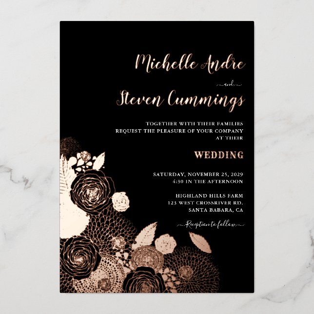 Invitación Con Relieve Metalizado Blooms De Amor ・ Elegante Boda Floral (Anverso)
