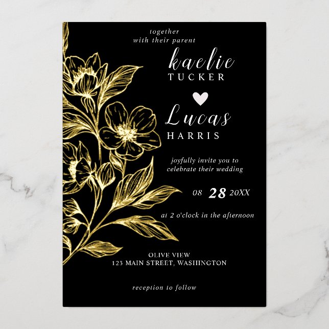 Invitación Con Relieve Metalizado "Blooms Dorados Del Amor" | Boda negro (Anverso)