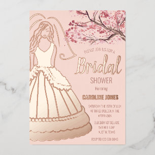 Invitación Con Relieve Metalizado Blossom Rosa Relieve metalizado dorado Vestido Flo