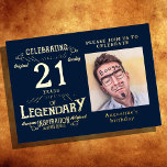 Invitación Con Relieve Metalizado Blue 21st Birthday Vintage Gold<br><div class="desc">Celebre este hito especial con una invitación al Relieve metalizado dorado Vintage azul 21 de cumpleaños. Nuestro exclusivo diseño cuenta con un guión retro vintage con un Relieve metalizado dorado para hacer brillar esta invitación. Crea un aspecto personalizado añadiendo una foto favorita y un texto personalizado para convertirla realmente en...</div>