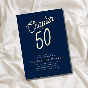 Invitación Con Relieve Metalizado Blue 50th Birthday Gold Script Chapter 50 Fiesta
