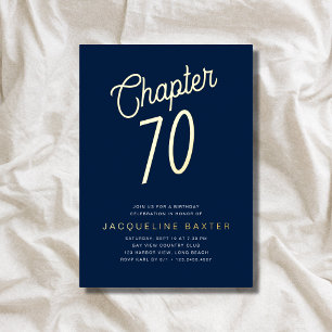 Invitación Con Relieve Metalizado Blue 70th Birthday Gold Script Chapter 70 Fiesta