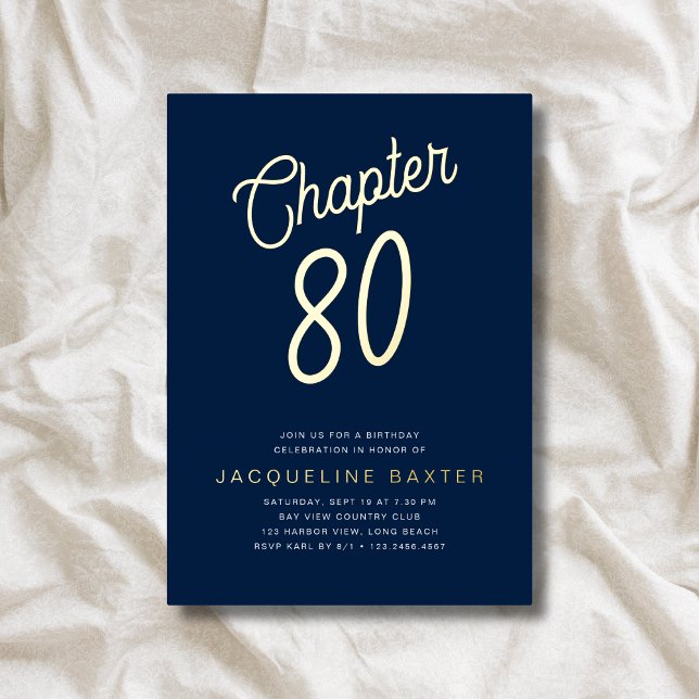 Invitación Con Relieve Metalizado Blue 80th Birthday Gold Script Chapter 80 Fiesta (Subido por el creador)