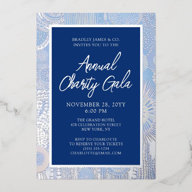 Invitación Con Relieve Metalizado Blue Abstract Watercolor Charity Event Gala Fiesta (Anverso)