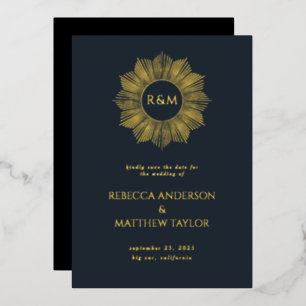 Invitación Con Relieve Metalizado Blue Boho Celestial Sun Monograma Salva Fecha