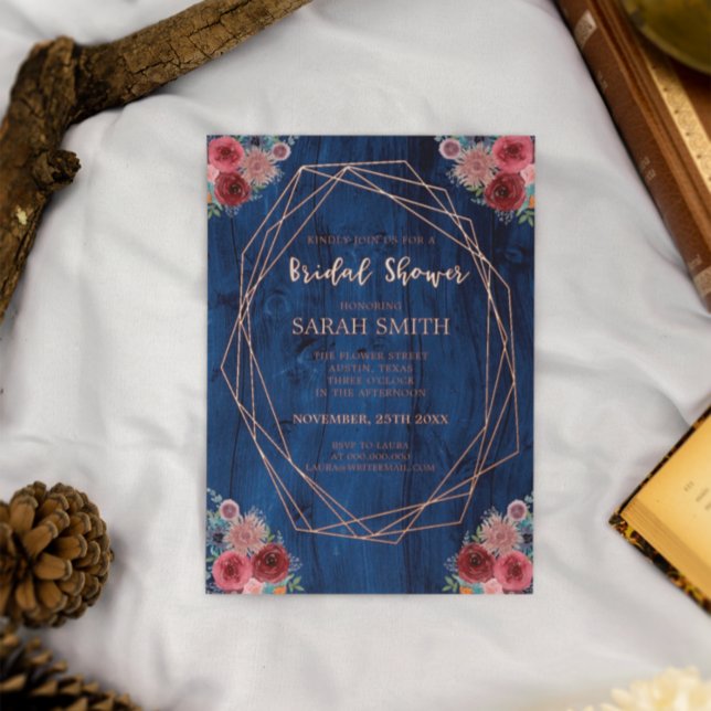 Invitación Con Relieve Metalizado Blue Burgundy Geometric Bridal Shower Rosa Gold (Subido por el creador)