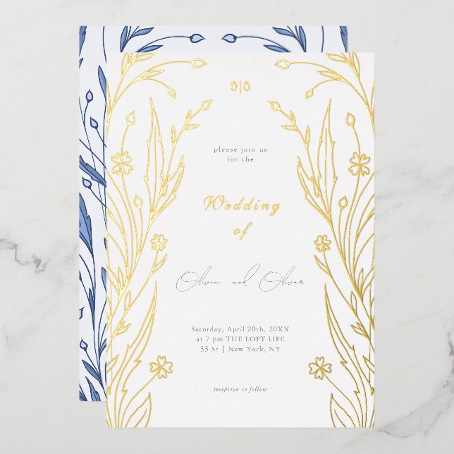 Invitación Con Relieve Metalizado Blue Buttercup Wedding (Anverso/Reverso)