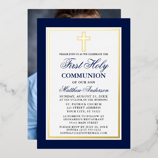 Invitación Con Relieve Metalizado Blue First Holy Communia Foto Cross Gold (Anverso/Reverso)