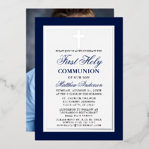 Invitación Con Relieve Metalizado Blue First Holy Communia Photo Cross Silver