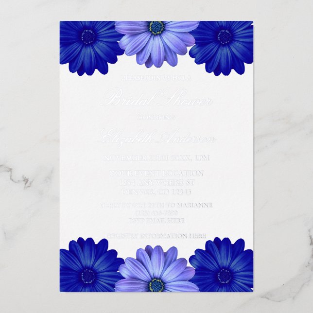 Invitación Con Relieve Metalizado Blue Floral Bridal Shower (Anverso)