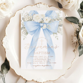 Invitación Con Relieve Metalizado Blue Floral Eucalyptus Bow Boy Baptism