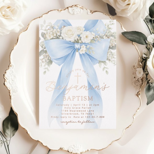 Invitación Con Relieve Metalizado Blue Floral Eucalyptus Bow Boy Baptism (Subido por el creador)
