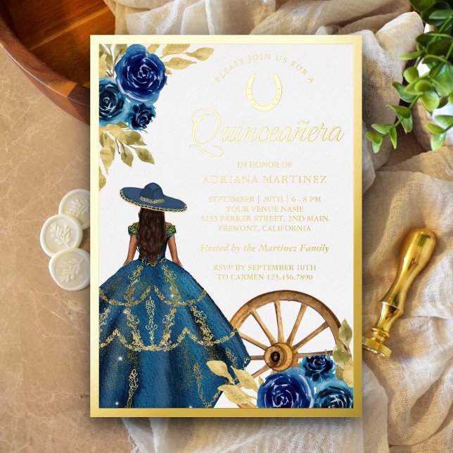 Invitación Con Relieve Metalizado Blue Floral Vestido Charro Western Quinceanera Gol (Subido por el creador)