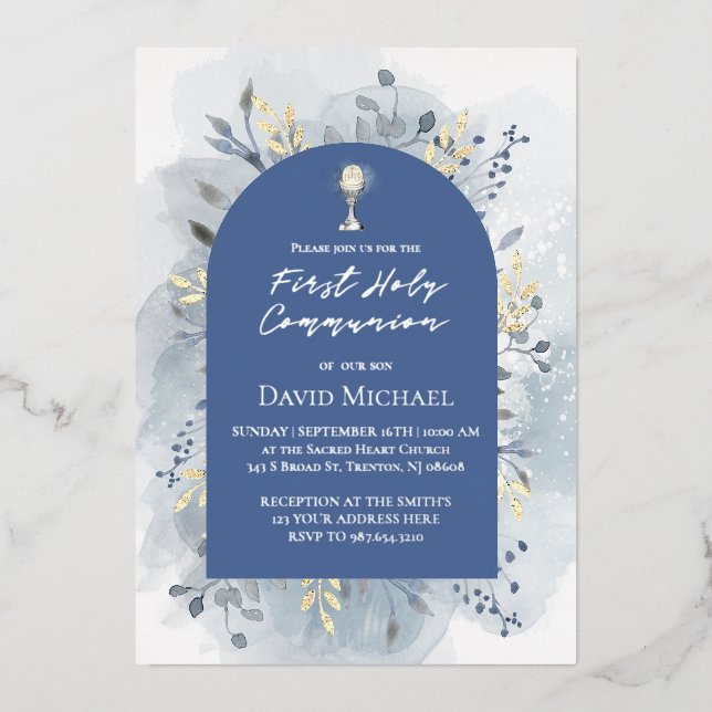 Invitación Con Relieve Metalizado Blue foliage First Holy Communion (Anverso)