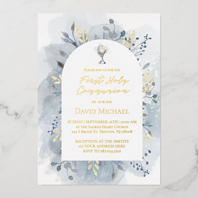 Invitación Con Relieve Metalizado Blue foliage First Holy Communion (Anverso)
