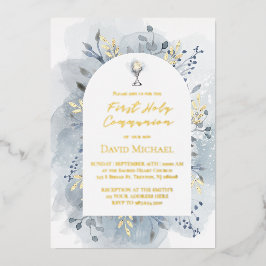 Invitación Con Relieve Metalizado Blue foliage First Holy Communion