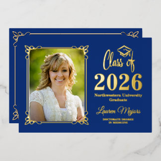 Invitación Con Relieve Metalizado Blue Gold FOIL Class of 2026 Photo Graduation
