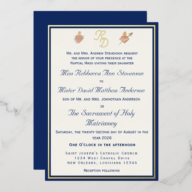 Invitación Con Relieve Metalizado Blue & Gold Two Hearts Catholic Wedding Invitation (Anverso/Reverso)