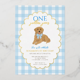 Invitación Con Relieve Metalizado Blue Golden Retriever Puppy Pawty Primer cumpleaño