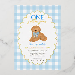 Invitación Con Relieve Metalizado Blue Goldendoodle Puppy Dog Pawty 1st Birthday
