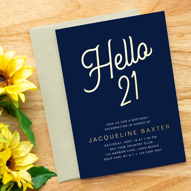 Invitación Con Relieve Metalizado Blue Hello 21 Gold Script 21st Birthday Fiesta (Subido por el creador)