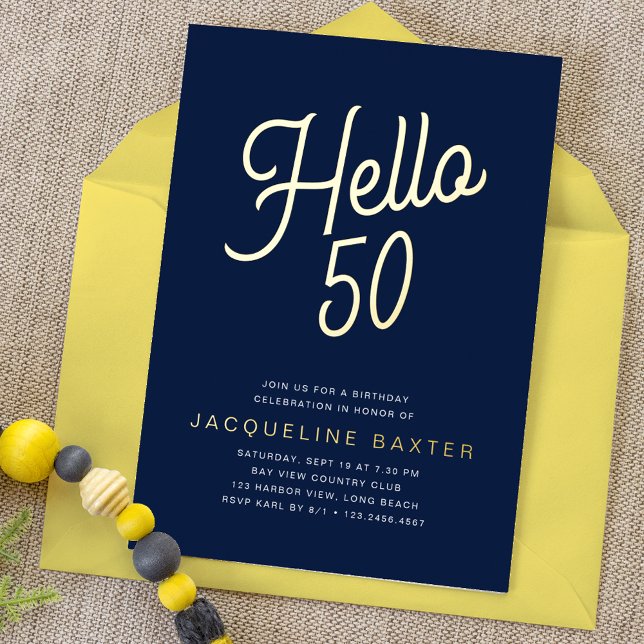 Invitación Con Relieve Metalizado Blue Hello 50 Gold Script 50 cumpleaños fiesta (Subido por el creador)