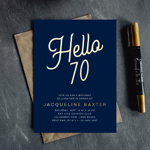 Invitación Con Relieve Metalizado Blue Hello 70 Gold Script 70 cumpleaños
