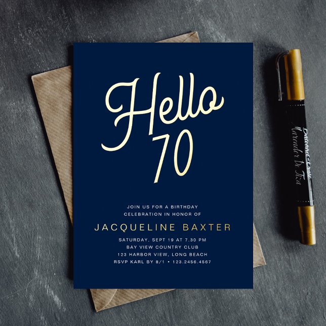 Invitación Con Relieve Metalizado Blue Hello 70 Gold Script 70 cumpleaños (Subido por el creador)