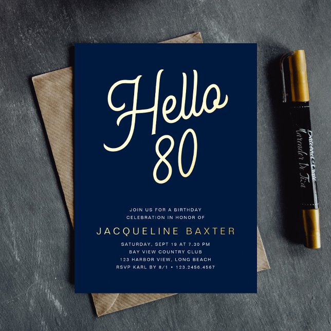 Invitación Con Relieve Metalizado Blue Hello 80 Gold Script 80º cumpleaños (Subido por el creador)