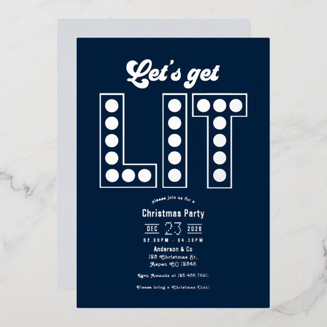 Invitación Con Relieve Metalizado Blue Ice Let's Get Lit Retro Christmas Party (Anverso/Reverso)