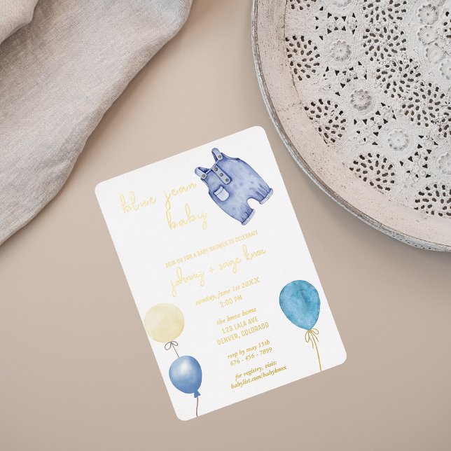 Invitación Con Relieve Metalizado Blue Jean Baby | Baby Shower moderno | Globos (Subido por el creador)