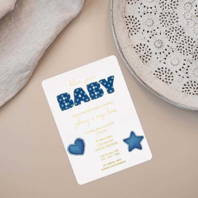 Invitación Con Relieve Metalizado Blue Jean Baby | Baby Shower moderno | Patcheo (Subido por el creador)