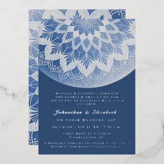 Invitación Con Relieve Metalizado Blue Lace Mandala Wedding