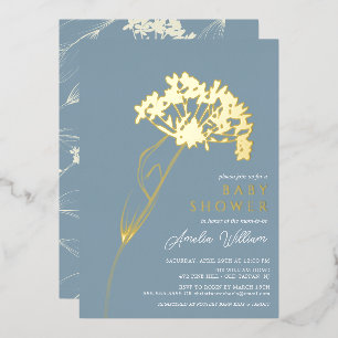 Invitación Con Relieve Metalizado Blue Modern Floral Baby Shower