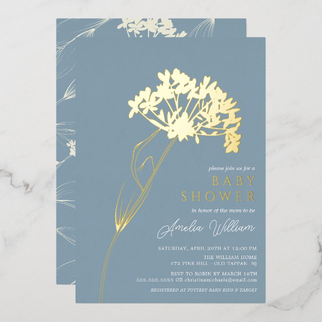 Invitación Con Relieve Metalizado Blue Modern Floral Baby Shower (Anverso/Reverso)