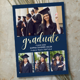 Invitación Con Relieve Metalizado Blue Navy and Gold Script 4 photos Graduated