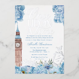 Invitación Con Relieve Metalizado Blue Once Upon a Time Princess Baby Shower