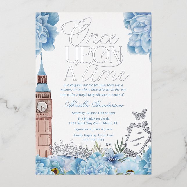 Invitación Con Relieve Metalizado Blue Once Upon a Time Princess Baby Shower (Anverso)