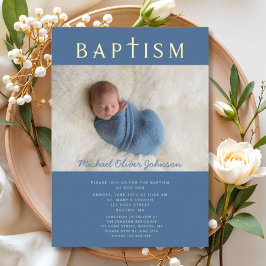 Invitación Con Relieve Metalizado Blue Religious Cross Boy Baptism Photo Gold