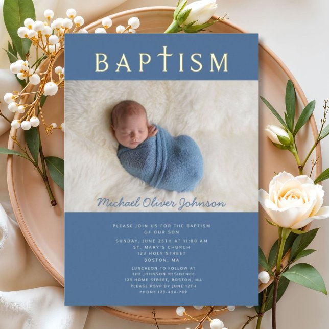 Invitación Con Relieve Metalizado Blue Religious Cross Boy Baptism Photo Gold (Blue Religious Cross Boy Baptism Photo Gold Foil Invitation)