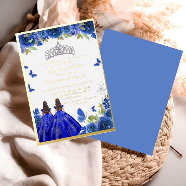 Invitación Con Relieve Metalizado Blue Royal Floral Butterfly Twin Quinceanera (Subido por el creador)
