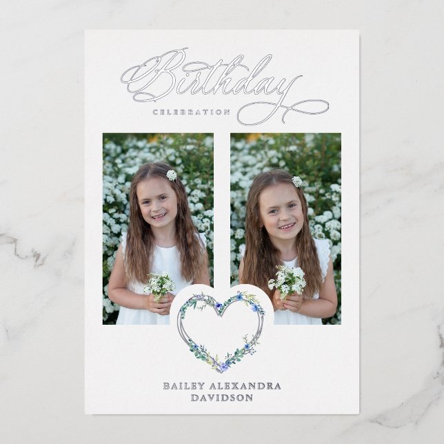 Invitación Con Relieve Metalizado Blue Shades Birthday Silver 2 Photos Floral Heart (Anverso)