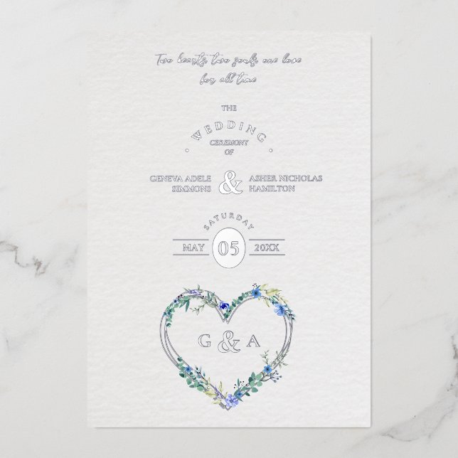 Invitación Con Relieve Metalizado Blue Shades Heart Luxury Romantic Botanical Floral (Anverso)