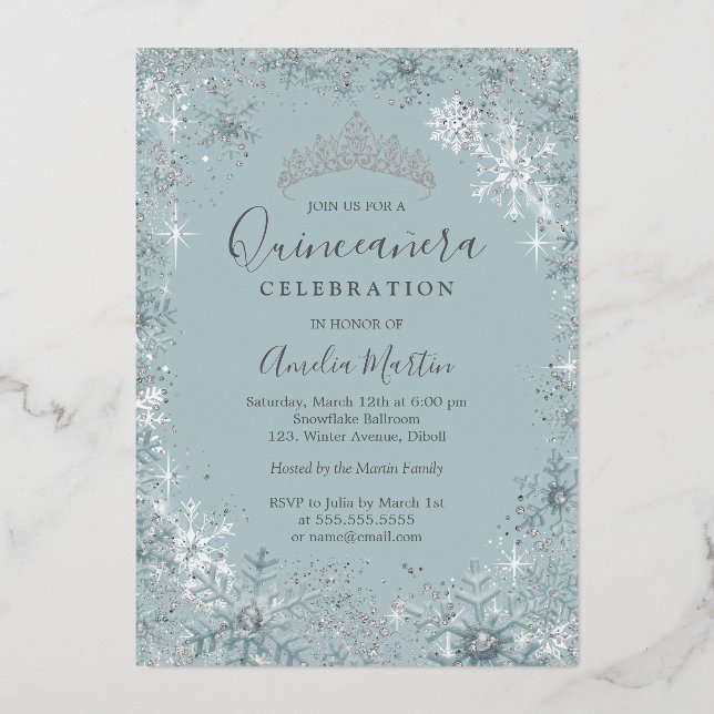 Invitación Con Relieve Metalizado Blue Silver Snowflake Photo Quinceanera  (Reverso )