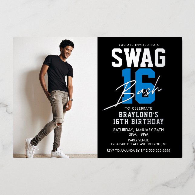Invitación Con Relieve Metalizado Blue Swag 16 Cumpleaños (Anverso)